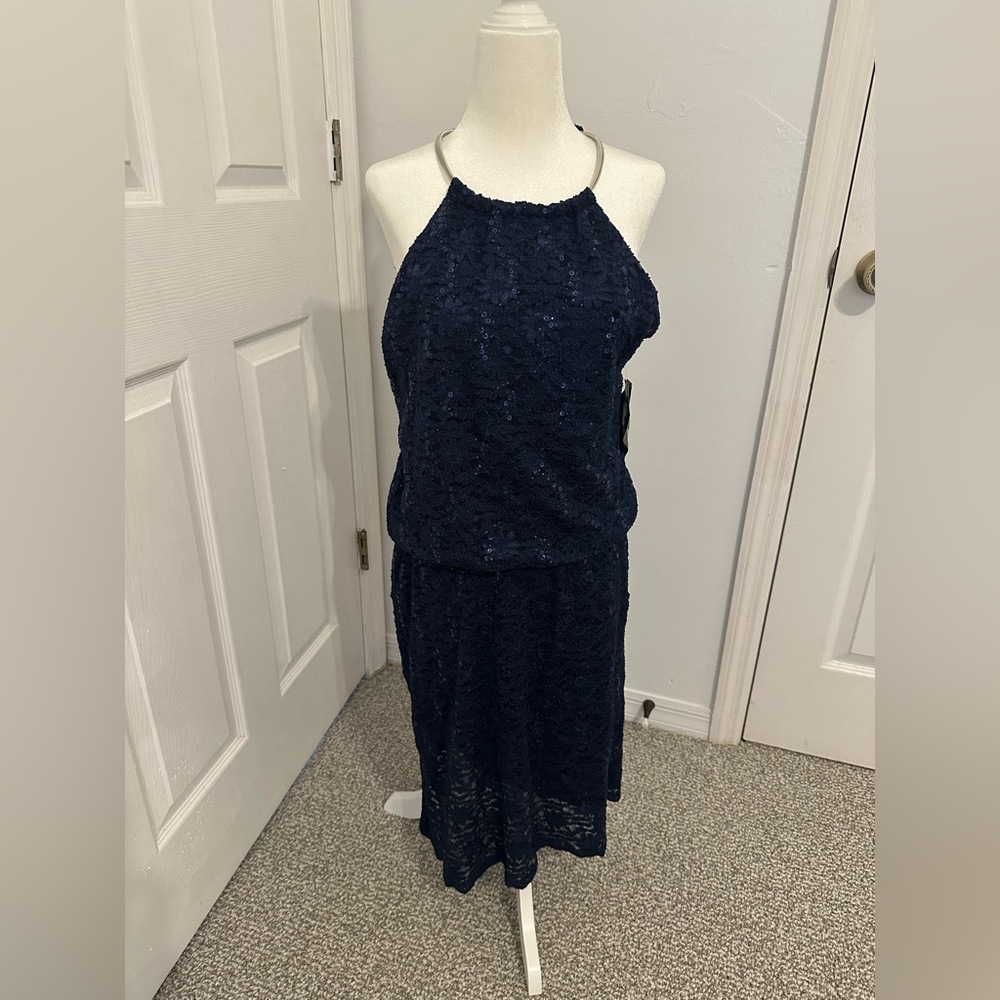 NWT R&M Richards Elegant Navy Blue Lace Halter Dress with Sequins